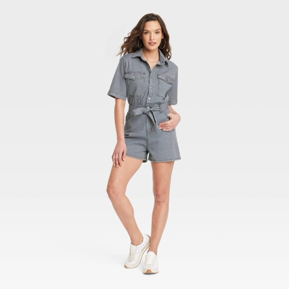 Short-Sleeve Denim Utility Romper in navy and white stripes